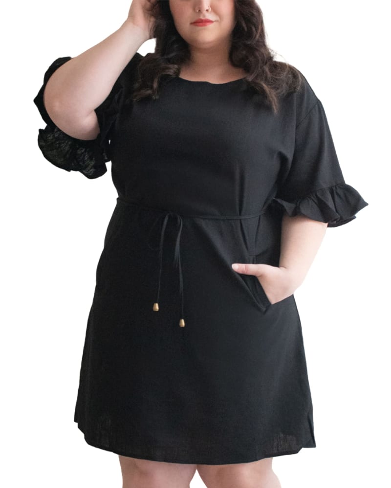 Front of a model wearing a size XL Myriam Dress Belted Shift Linen Blend Solid in Black by ANNICK. | dia_product_style_image_id:282083